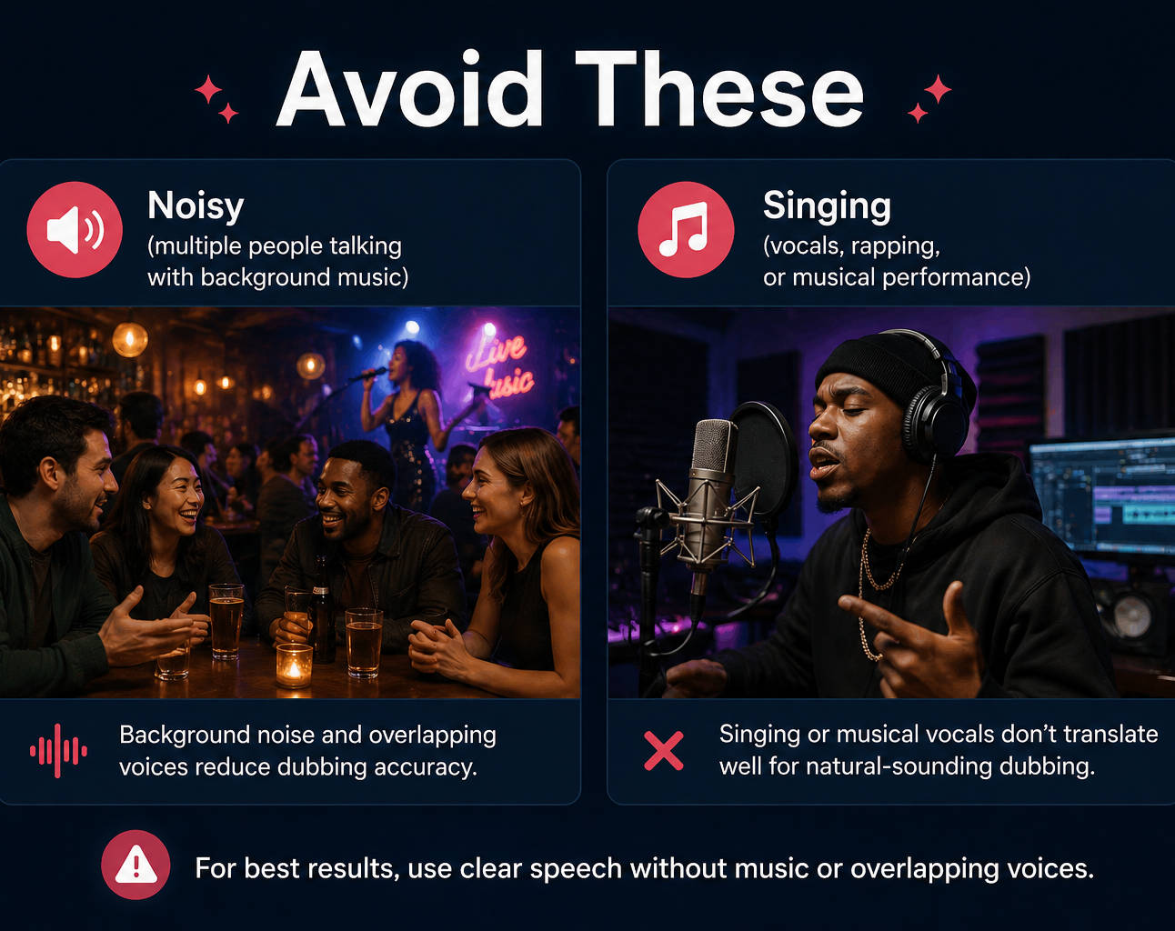 Examples of audio to avoid: overlapping speakers, heavy music, or noisy environments.