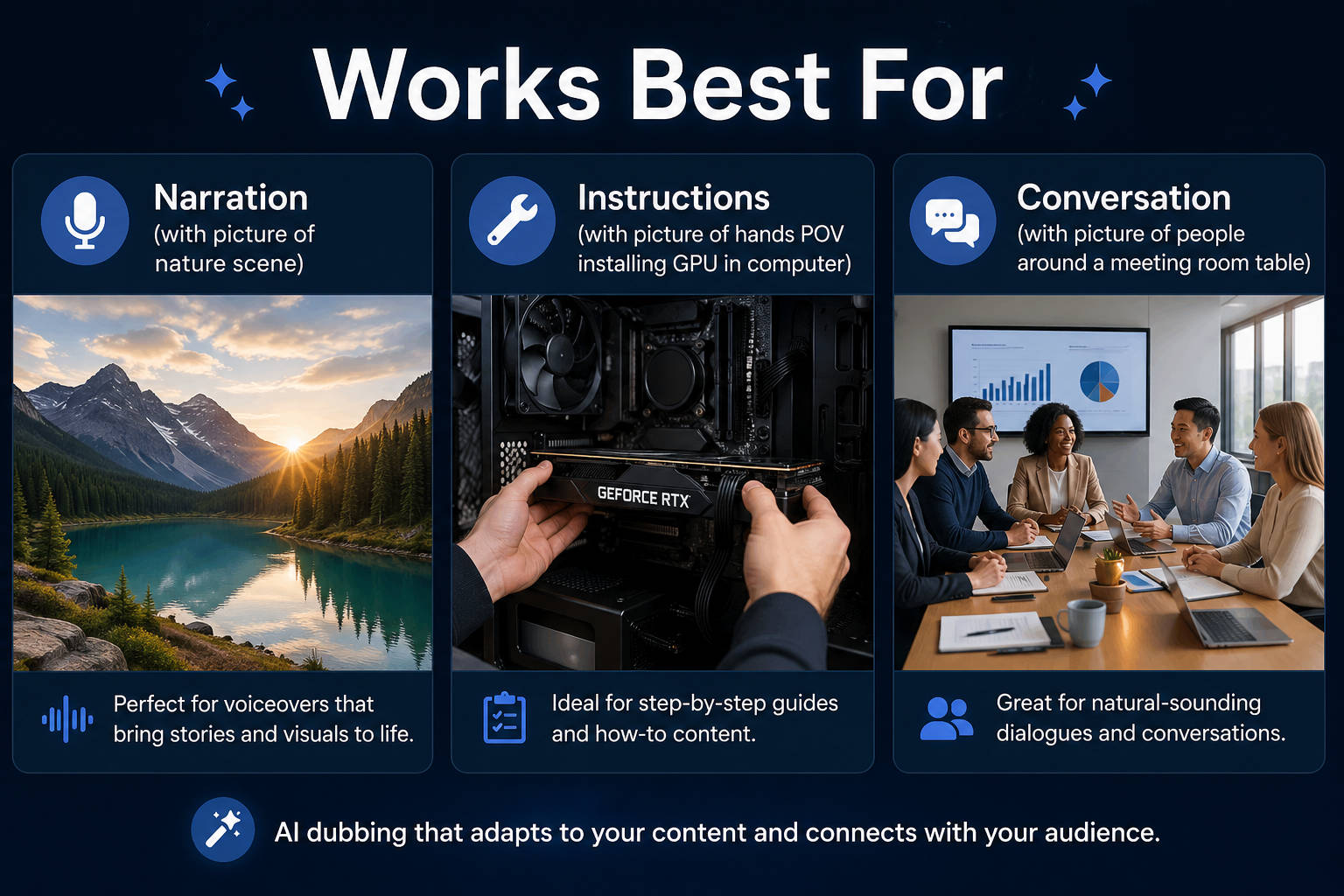 Examples of audio that dubs well: clear speech, one or two speakers, minimal background noise.