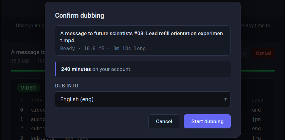 The GoMakeGo upload screen, where you add a course video and choose the language to dub it into.